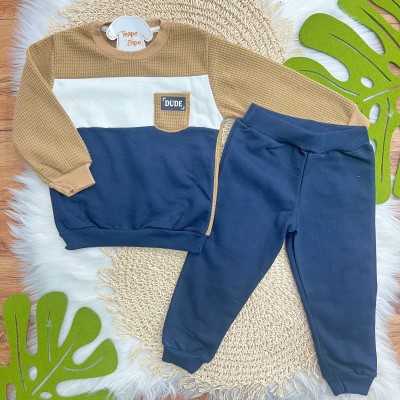 Conj. Casaco Dude com Bolsinho e Calça de Moletom - Marinho e Caramelo